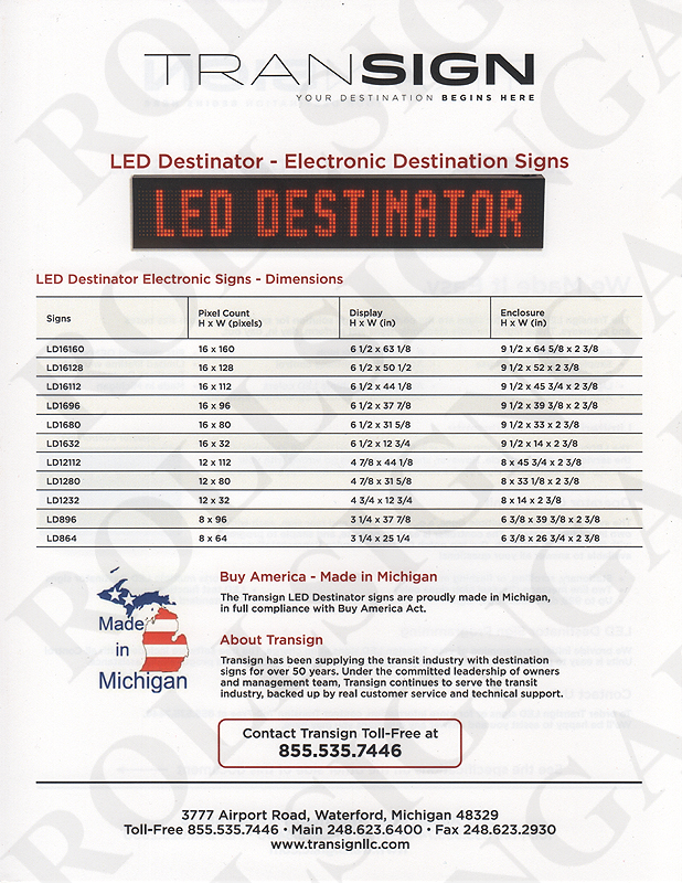 Transign LED Destinator - Electronic Destination Signs (Older brochure) - Back. (Click / tap the X to close.)