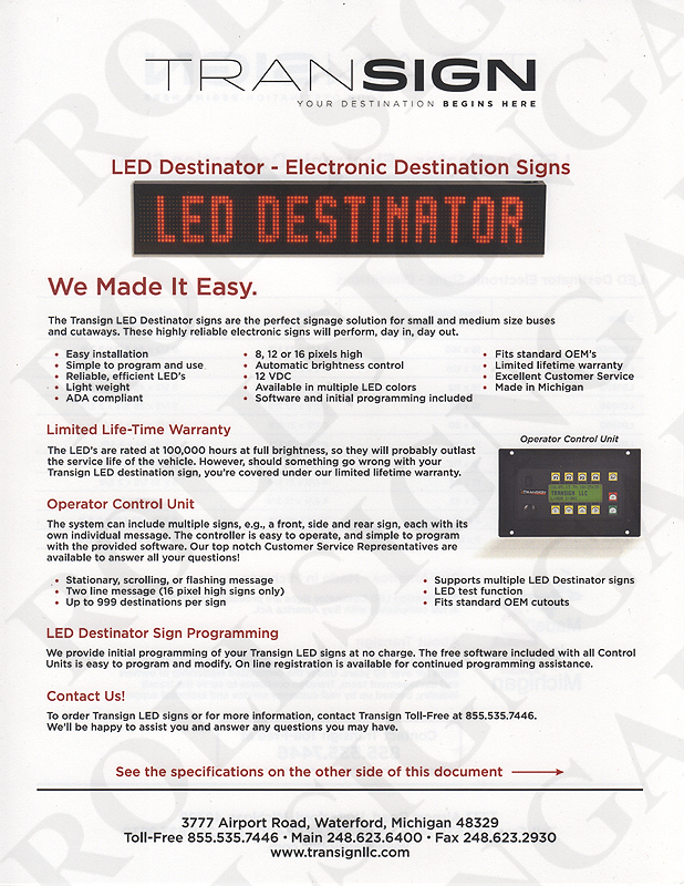 Transign LED Destinator - Electronic Destination Signs (Older brochure) - Front. (Click / tap the X to close.)