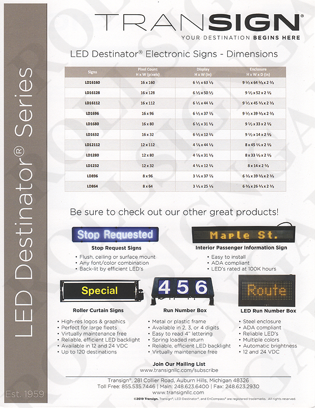 Transign Destinator Series of Electronic Destination Signs brochure - Back. (Click / tap the X to close.)