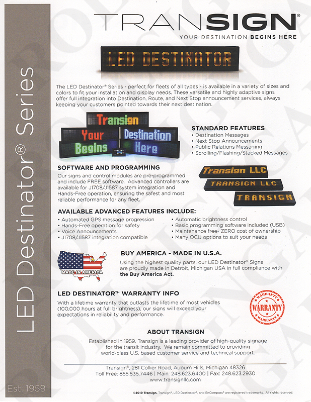 Transign Destinator Series of Electronic Destination Signs brochure - Front. (Click / tap the X to close.)