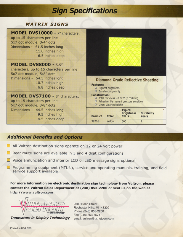 Vultron DVS10000 "TransDOT" 7x75 Full Matrix Signs brochure - Back. (Click / tap the X to close.)